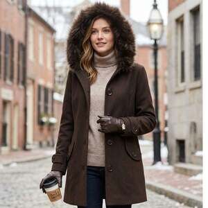 Mackintosh Chocolate Brown Hooded Pea Coat Faux Fur Trim Oversized Buttons